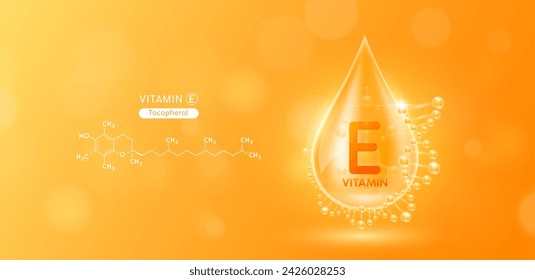 Drop water serum solution vitamin E or Tocopherol surrounded by DNA and chemical structure. Vitamins complex with molecule atom from nature orange. Nutrition skin care cosmetics banner. Vector.