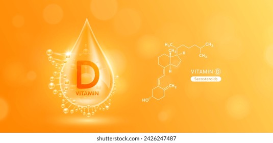 Drop water serum solution vitamin D or Secosteroids surrounded by DNA and chemical structure. Vitamins complex with molecule atom from nature orange. Nutrition skin care cosmetics banner. Vector.