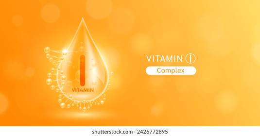 Drop water serum solution vitamin I surrounded by DNA. Vitamins complex with molecule atom from nature orange. Nutrition skin care cosmetics banner. Vector.