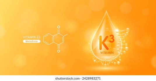 Drop water serum solution vitamin K3 or Menadione surrounded by DNA and chemical structure. Vitamins complex with molecule atom from nature orange. Nutrition skin care cosmetics banner. Vector.