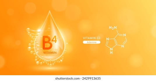 Drop water serum solution vitamin B4 or Adenine surrounded by DNA and chemical structure. Vitamins complex with molecule atom from nature orange. Nutrition skin care cosmetics banner. Vector.