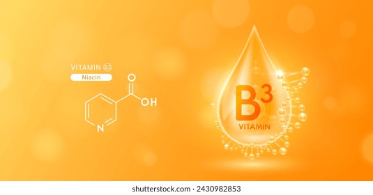 Drop water serum solution vitamin B3 or Niacin surrounded by DNA and chemical structure. Vitamins complex with molecule atom from nature orange. Nutrition skin care cosmetics banner. Vector. svg