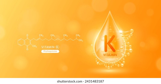 Drop water serum solution vitamin K or Phylloquinone surrounded by DNA and chemical structure. Vitamins complex with molecule atom from nature orange. Nutrition skin care cosmetics banner. Vector.