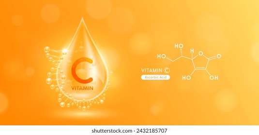 Drop water serum solution vitamin C or Ascorbic Acid surrounded by DNA and chemical structure. Vitamins complex with molecule atom from nature orange. Nutrition skin care cosmetics banner. Vector.