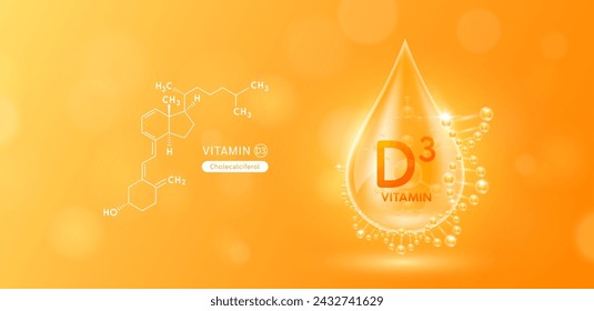 Gota de agua solución de suero vitamina D3 o Cholecalciferol rodeado de ADN y estructura química. Complejo de vitaminas con átomo de molécula de naranja natural. Banner de cosméticos para el cuidado de la piel. Vector.