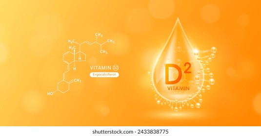 Suero de agua con solución de vitamina D2 o Ergocalciferol rodeado de ADN y estructura química. Complejo de vitaminas con átomo de molécula de naranja natural. Banner de cosméticos para el cuidado de la piel. Vector.