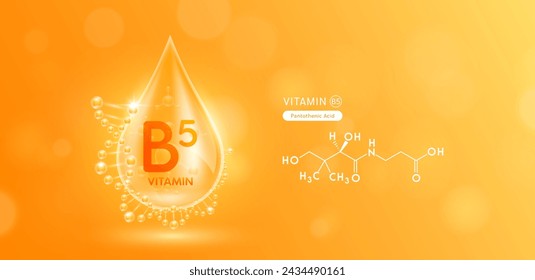 Disolución de agua gota de vitamina B5 o ácido pantoténico rodeado de ADN y estructura química. Complejo de vitaminas con átomo de molécula de naranja natural. Banner de cosméticos para el cuidado de la piel. Vector.