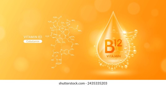 Drop water serum solution vitamin B12 or Cobalamin surrounded by DNA and chemical structure. Vitamins complex with molecule atom from nature orange. Nutrition skin care cosmetics banner. Vector.