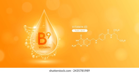 Drop water serum solution vitamin B9 or Folic Acid surrounded by DNA and chemical structure. Vitamins complex with molecule atom from nature orange. Nutrition skin care cosmetics banner. Vector.