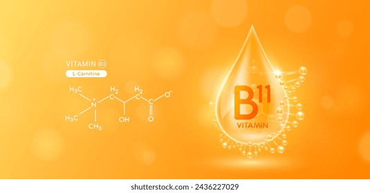 Drop water serum solution vitamin B11 or L-Carnitine surrounded by DNA and chemical structure. Vitamins complex with molecule atom from nature orange. Nutrition skin care cosmetics banner. Vector.