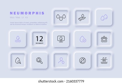 Icono del juego de agua. Evaporación, lupa, bebida, bebida, búsqueda, piscina, bebida. Salven el agua. Concepto H2O. Estilo neomorfista. Icono de línea de vector para negocios y publicidad