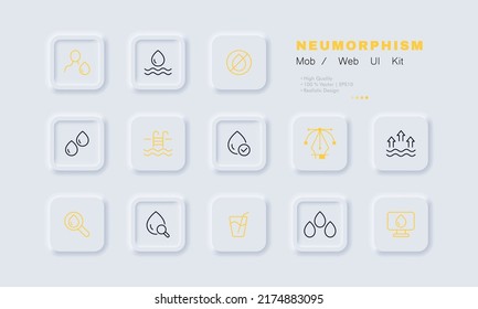 Drop of water set icon. Liquid, magnifier, drinking, evaporation, transpiration, drinking water. Save the water. Beverage concept. Neomorphism style. Vector line icon for Business and Advertising