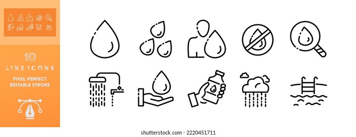 Icono del juego de agua. Líquido, agua, bebida, evaporación, hombre, sed, garrapata, ola, agua potable. Salven el agua. El concepto de bebida. Icono de conjunto modificable del vector en fondo blanco