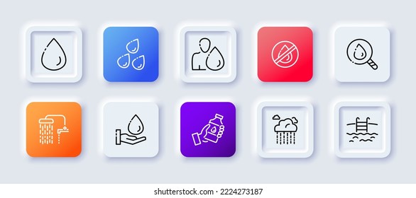 Icono del juego de agua. Líquido, agua, bebida, evaporación, hombre, sed, garrapata, ola, agua potable. Salven el agua. El concepto de bebida. Estilo neomorfista. Icono de línea de vector para empresas