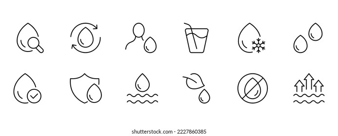 Drop of water set icon. Liquid, aqua, drinking, evaporation, man, thirst, tick, wave, drinking water. Save the water. Beverage concept. Vector black set icon on a white background
