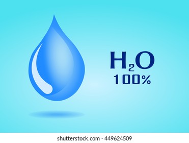 drop of water with a shadow on a blue background. Formula of water. Vector