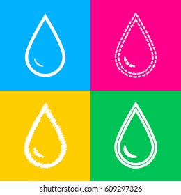 Drop of water sign. Four styles of icon on four color squares.