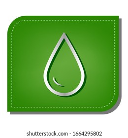 Señal de gota de agua. Icono de línea de gradiente plateado con sombra verde oscuro en hoja verde con parches ecológicos. Ilustración.