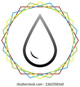 Drop of water sign. Vector. Black icon with patch of light inside colorful hexagonal frames at white background.