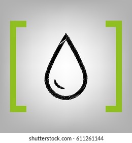 Drop of water sign. Vector. Black scribble icon in citron brackets on grayish background.