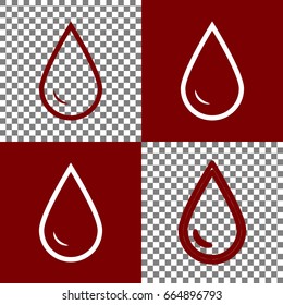 Drop of water sign. Vector. Bordo and white icons and line icons on chess board with transparent background.