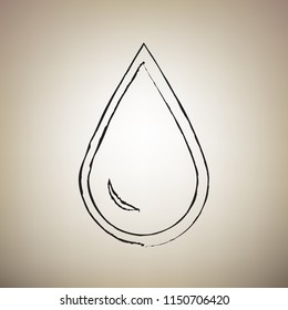 Drop of water sign. Vector. Brush drawed black icon at light brown background.