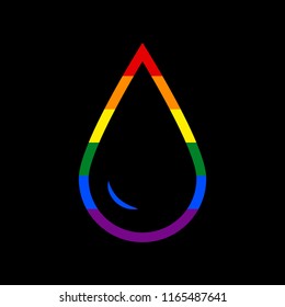 Drop of water sign. Vector. Icon with colors of LGBT flag at black background.