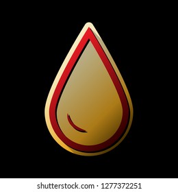 Drop of water sign. Vector. Red icon with small black and limitless shadows at golden sticker on black background.