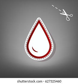 Drop of water sign. Vector. Red icon with for applique from paper with shadow on gray background with scissors.
