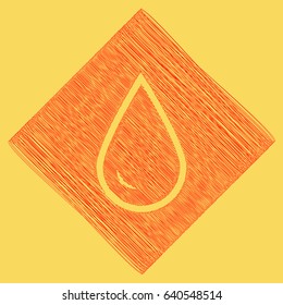 Drop of water sign. Vector. Red scribble icon obtained as a result of subtraction rhomb and path. Royal yellow background.