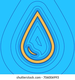 Drop of water sign. Vector. Sand color icon with black contour and equidistant blue contours like field at sky blue background. Like waves on map - island in ocean or sea.