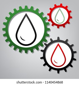 Drop of water sign. Vector. Three connected gears with icons at grayish background.