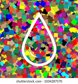 Drop of water sign. Vector. White icon on colorful background with seamless pattern from squares.
