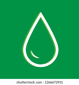 Drop of water sign. Vector. White flat icon with yellow striped shadow at green background.