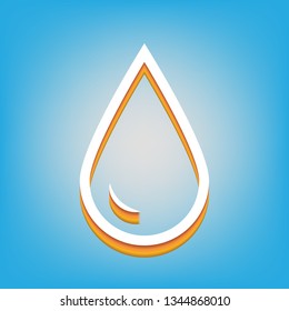 Drop of water sign. Vector. White icon with 3d warm-colored gradient body at sky blue background.