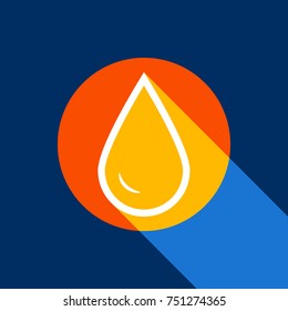 Drop of water sign. Vector. White icon on tangelo circle with infinite shadow of light at cool black background. Selective yellow and bright navy blue are produced.