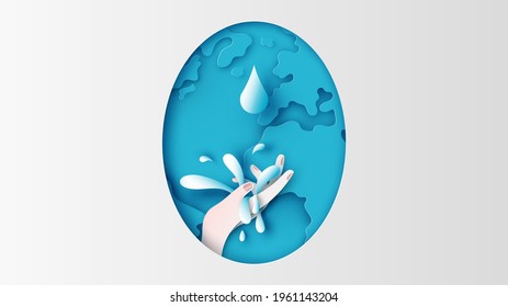 Drop of water splash on the palm of girl' hand. Saving water concept. Save water, save earth. Drop of water in hand. paper cut and craft style. vector, illustration.