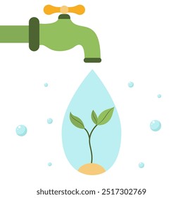 Ein Tropfen Wasser mit Spross im Inneren kommt aus dem Wasserhahn. Wirtschaftliche Nutzung der natürlichen Ressourcen. Umweltschutz. Retten Sie Pflanzen und Wälder. Umweltfreundlich. Nachhaltiges Leben. Vektorgrafik.