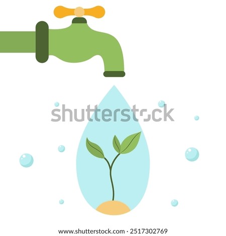 Drop of water with sprout inside comes out of tap. Economical use of natural resources. Environmental protection. Save plants and forests. Eco friendly. Sustainable living. Vector illustration.