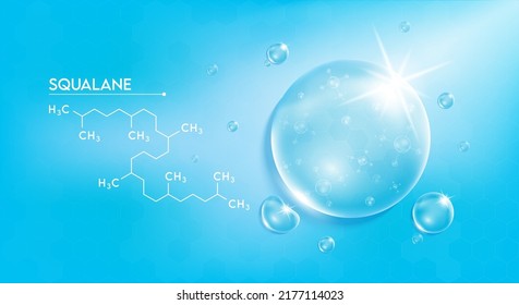 Tropfen Wasser qualane blau und Struktur. Vitamine komplexe Lösung mit chemischer Formel aus der Natur gesättigten Verbindung. Wird in Kosmetika als geschmeidig machend und Feuchtigkeitscreme verwendet. 3D-Vektorgrafik.