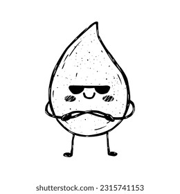 A drop of water in sunglasses. Cute cartoon character black and white water drop. Linocut style. Vector illustration isolated on white background