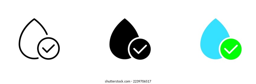 Drop of water with tick line icon. Liquid, monitor, drinking, sea, tick, checkmark, drinking water. Save the water. Beverage concept. Vector icon in line, black and colorful style on white background