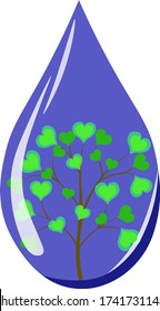 a drop of water with a tree and leaf-hearts