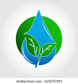 In a drop of water, two leaves of a plant are cut out on the background of a circle, a symbol of ecology. Logo, or sticker for websites and apps.
