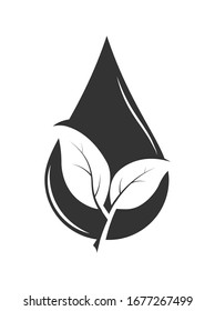 In a drop of water, two leaves of a plant are cut out, a symbol of ecology. Logo, logo, or sticker for websites and apps. A logo is an emblem or sticker for websites, applications, postcards