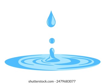 Drop Water vector illustrations. Water surface with crown and drops from falling object. Splash in blue colors, isolated on white backdrop. Side view. 