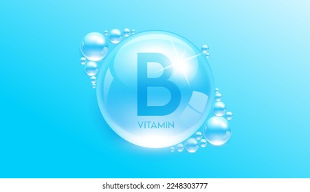 Drop water vitamin B blue. Vitamins complex collagen serum. Beauty treatment skincare. Medical and scientific concepts. 3D Realistic Vector EPS10.