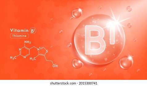 Drop water vitamin B1 orange and structure. Vitamin complex with Chemical formula from nature. Beauty treatment nutrition skin care design. Medical and scientific concepts. 3D Realistic Vector EPS10.