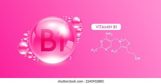 Drop water vitamin B1 pink  with chemical structure. Vitamins complex collagen serum. Beauty treatment skincare. Medical and scientific concepts. 3D Realistic Vector EPS10.