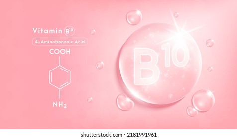 Tire de la vitamina B10 de agua rosada y estructura. Complejo de vitamina con fórmula química de la naturaleza. Tratamiento de belleza nutrición diseño de cuidado de la piel. Conceptos médicos y científicos. EPS10 de vectores realistas 3D.